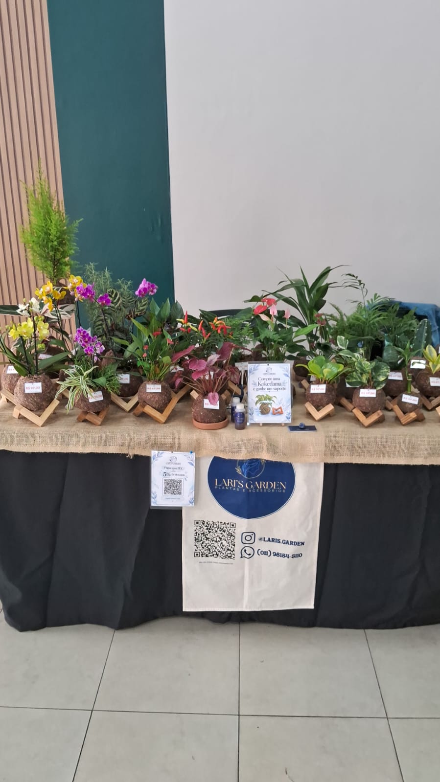 Estande da Lari's Garden em uma feira, com várias kokedamas sobre a mesa e o banner da marca